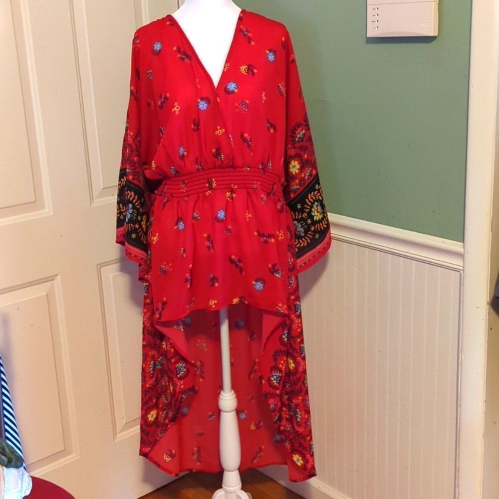 XL NY & Co red cover up dress high low flowers summer lightweight elastic waist